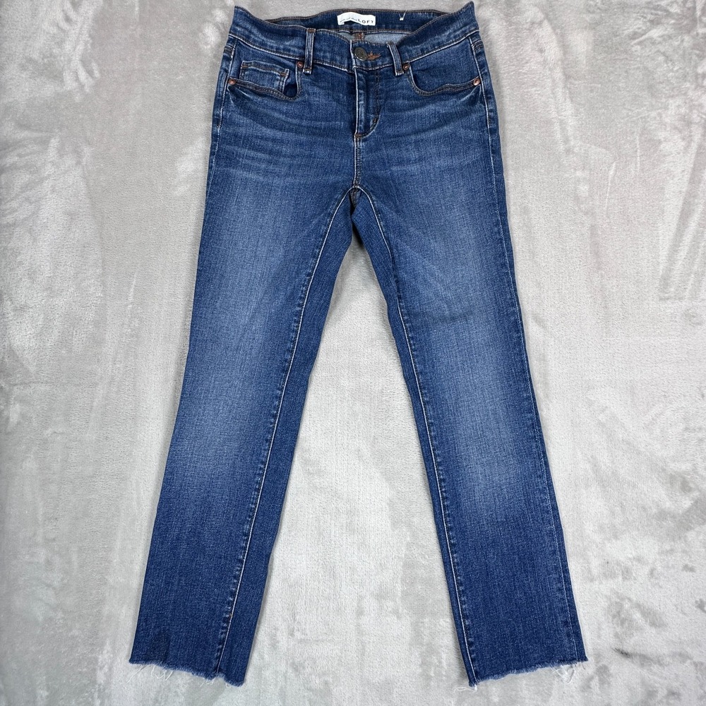 Loft Jeans Womens 2/26 Blue Denim Cotton Stretch Raw Hem Low Rise Straight Leg‎